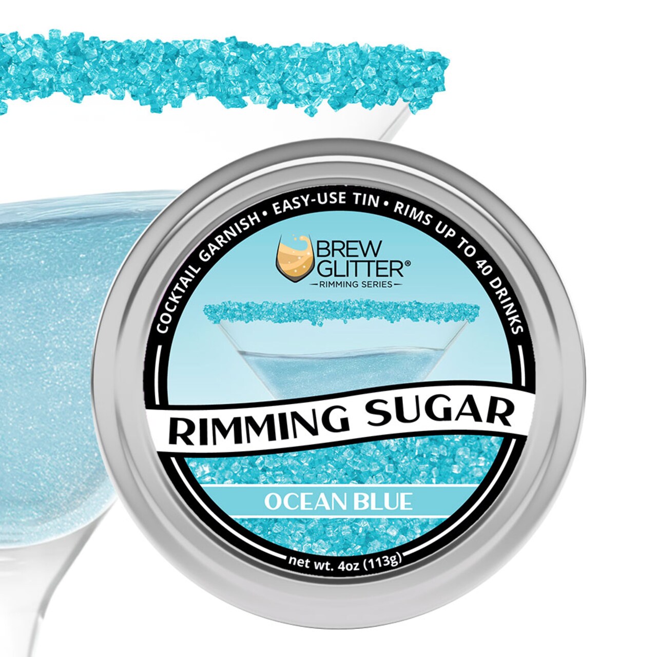 Brew Glitter - Ocean Blue Rimming Sugar (4oz, 1x Bar Tin) Cocktail Garnish for Mixed Drinks & Refreshments